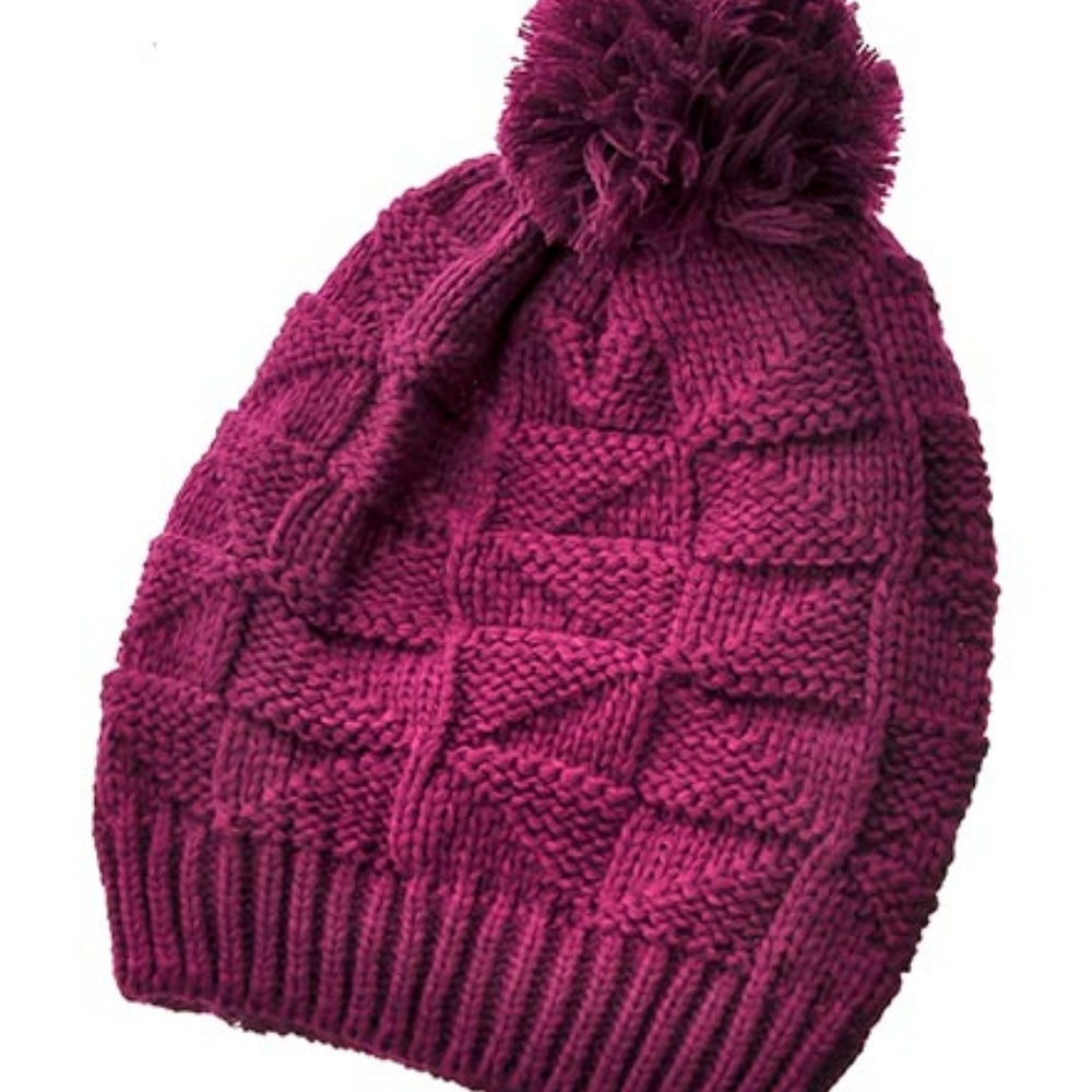 Burgundy Diamond Knit Crochet Pom Pom Beanie Cap